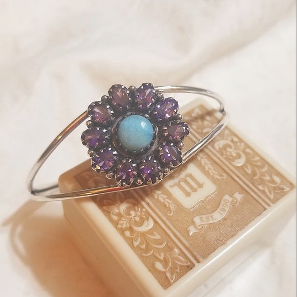 20.91 CTTW TANZANITE LARIMAR Sterling Bangle Bracelet Vintage - Picture 2 of 8